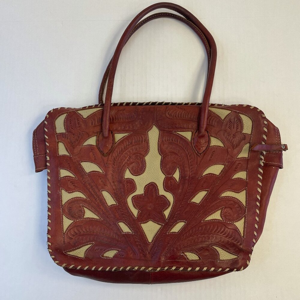 Leaders in Leather Red Cutout Bag Tote Purse Made Paraguay Top Handle Western